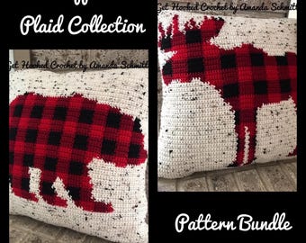 Buffalo Plaid Crochet Pattern Bundle, Moose and Bear Crochet Pillow Pattern Bundle, Buffalo Plaid Moose and Bear Pillow Crochet Pattern