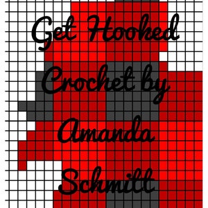 May include: A red and black crochet pattern with the text "Get Hooked Crochet by Amanda Schmitt"