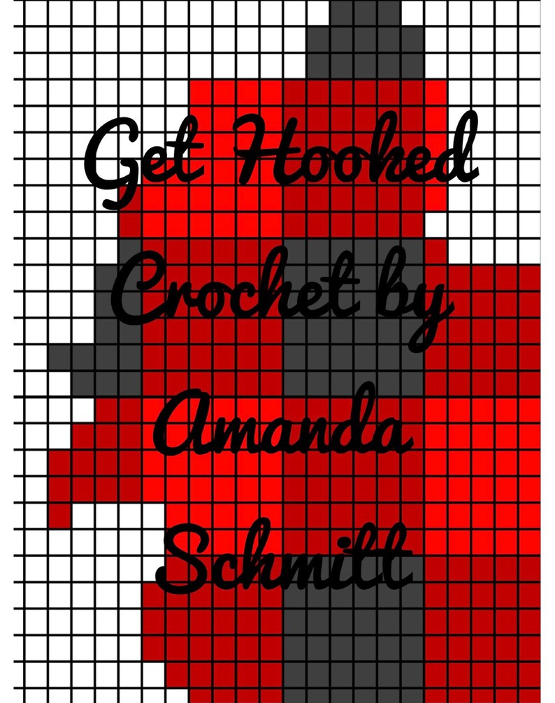 May include: A red and black crochet pattern with the text "Get Hooked Crochet by Amanda Schmitt"