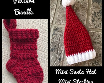 Mini Santa Hat and Mini Stocking Crochet Pattern Bundle, Crochet Stocking Pattern, Santa Hat Pattern, Christmas Crochet Pattern Bundle