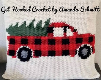 Buffalo Plaid Christmas Truck Pillow Crochet Pattern, Plaid Truck Crochet Pillow Pattern, Crochet Christmas Pillow Pattern, Holiday Truck