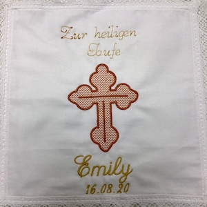 Christening gift with name and a cross and date personalized, gift for baptism, embroidered, lace handkerchief white image 1