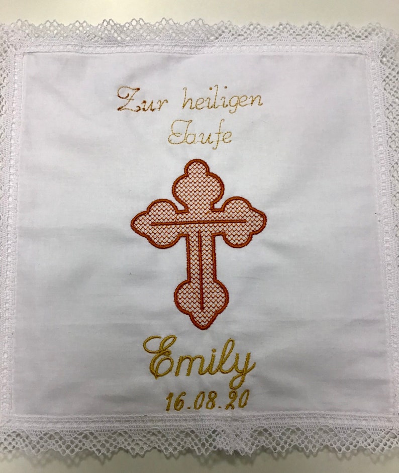 Christening gift with name and a cross and date personalized, gift for baptism, embroidered, lace handkerchief white image 1