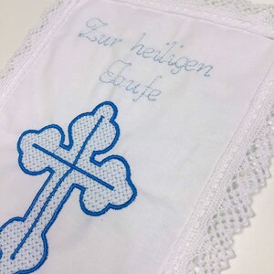 Christening gift with name and a cross and date personalized, gift for baptism, embroidered, lace handkerchief white image 6