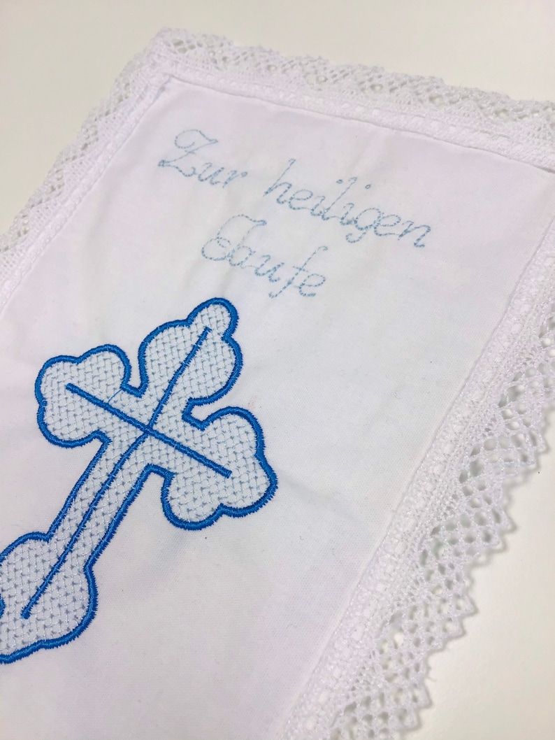 Christening gift with name and a cross and date personalized, gift for baptism, embroidered, lace handkerchief white image 6