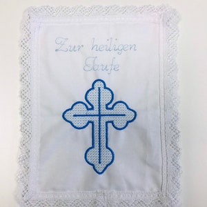 Christening gift with name and a cross and date personalized, gift for baptism, embroidered, lace handkerchief white image 5
