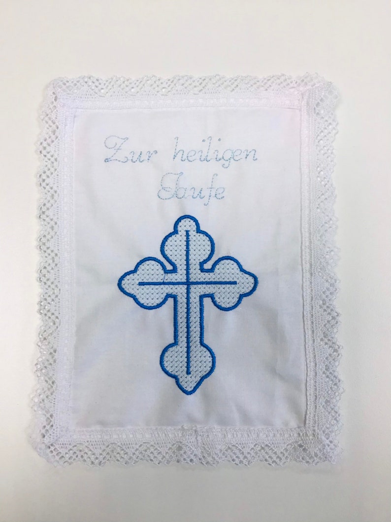Christening gift with name and a cross and date personalized, gift for baptism, embroidered, lace handkerchief white image 5