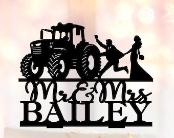 Tractor Wedding Cake Topper, Bride dragging groom farming cake decoration, Farmer Country Western Silhouette
