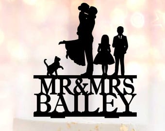 Couple with Kids and Cat Silhouette cake topper, Family wedding cake toppers, two girls, Boy and girl