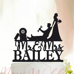 Personalized Mechanic Cake Topper, Auto Mechanic Wedding Cake Topper,Couple Cake Topper,Bride Dragging Groom Cake Topper,Wedding Topper A048