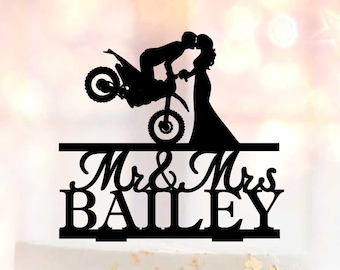 Motorcycle Wedding Cake Topper, Personalized Biker Couple Silhouette, Dirt bike Motorbike cake toppers
