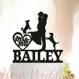 Groom Holding Bride Acrylic Wedding Cake Topper, Couple Last Name, Bride Groom Kissing with Two Dogs, Elegant Wedding Cake Topper   A003