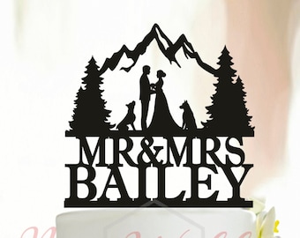 Outdoor Wedding Cake Topper,Cake Topper with dogs,Custom Mountain Cake Topper,Tree Cake Topper,Mountain Climbers,Mountain cake topper A044