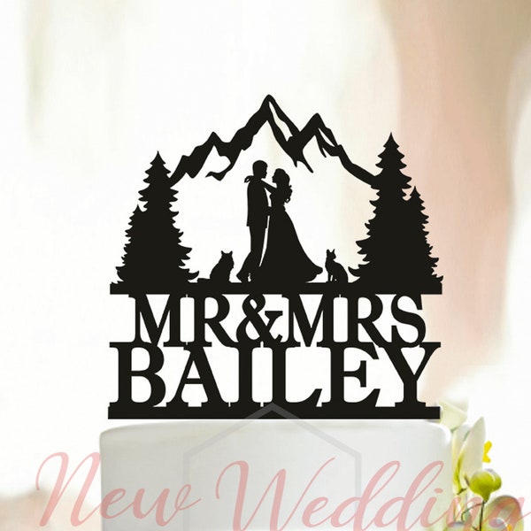 Outdoor Wedding Cake Topper,Bride and Groom Topper,Cat Cake Topper,Custom Mountain Cake Topper,Personalized Cake Topper,Tree Cake TopperA043