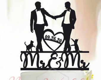 Hombres gay, Topper de pastel de boda gay, topper de pastel gay para boda, MR y MR Cake Topper, topper de pastel de boda de silueta, Topper con gatos A025