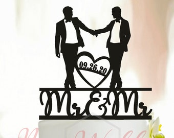 Gay Cake Topper,Same Sex Cake Topper,Gay Wedding Cake Topper,Gay silhouette,Homosexual,Wedding Cake Topper For Men, mr and mr with date A010