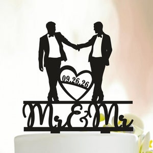 Gay Cake Topper,Same Sex Cake Topper,Gay Wedding Cake Topper,Gay silhouette,Homosexual,Wedding Cake Topper For Men, mr and mr with date A010