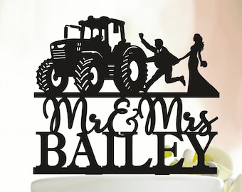 Tractor Wedding Cake Topper, Farmer Wedding Cake Topper, Bride dragging groom farming cake topper, Country Wedding Cake Topper, Tractor A281