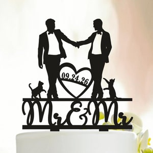 Gay Men, Gay Wedding Cake Topper, Gay cake topper for wedding, MR and MR Cake Topper, silhouette wedding cake topper, Topper with cats A025