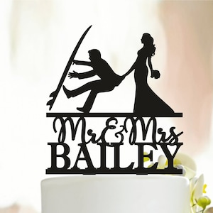 Surfing Wedding Cake Topper, Couple With Surfboard Topper, Surfers couple cake topper, surfing cake topper, Bride Dragging Groom Topper A252