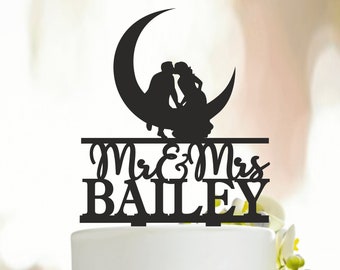 Couple Wedding Cake Topper,Moon Cake Topper,Bride and Groom Kissing Silhouette,Bride and Groom Cake Topper, Custom Wedding Cake Topper A061