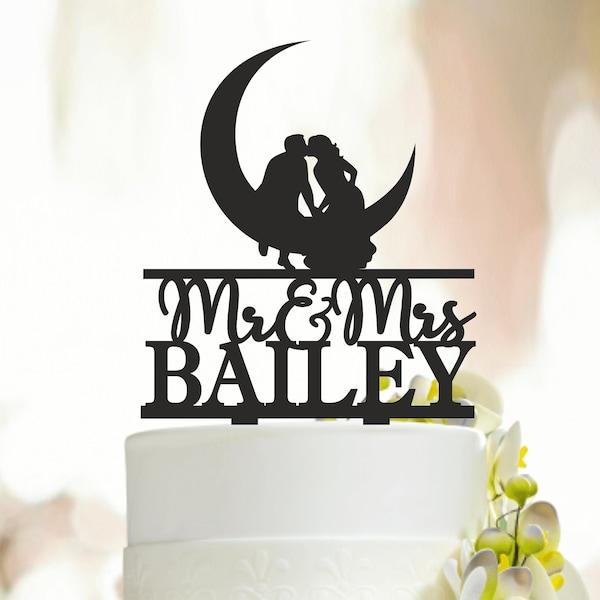 Couple Wedding Cake Topper,Moon Cake Topper,Bride and Groom Kissing Silhouette,Bride and Groom Cake Topper, Custom Wedding Cake Topper A061