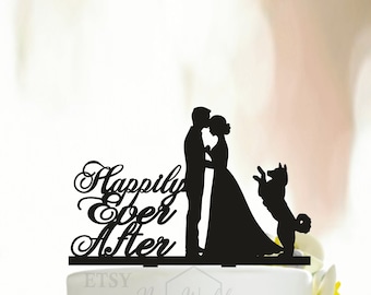 Happily Ever After wedding cake topper, Wedding Anniversary Cake Topper, Script Cake Topper,  husky dog cake topper, Weddang couple toppers