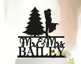 Kerstboom bruidstaart topper, winter bruidstaart topper, kerstbruiloft, aangepaste Mr & Mrs Christmas cake topper, taart topper A244