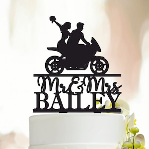Bride and Groom with motorbike Cake Topper, Motorcycle Cake Topper, Motorbike Cake Topper, Glitter Wedding cake topper, Biker Couple A154