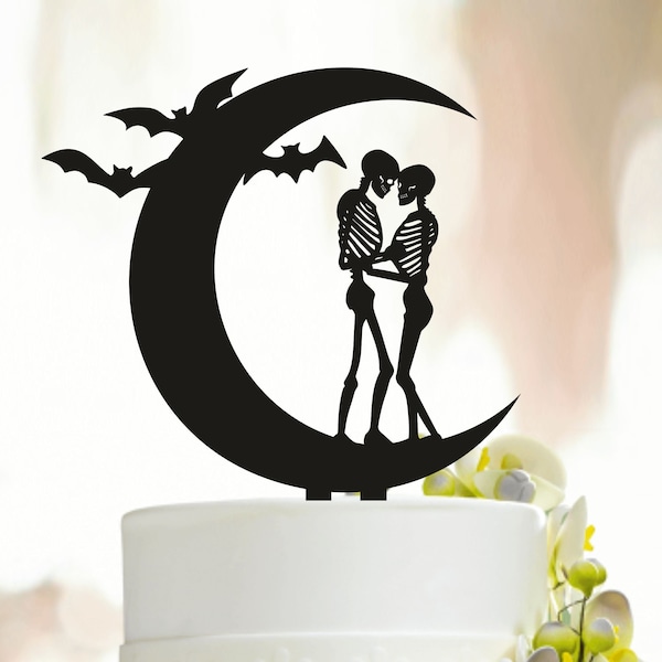 Halloween Wedding Cake Topper,Wedding Cake Topper, Skeletons Wedding Cake Topper, Skeletons Cake Topper, Moon cake topper, Moon and bats