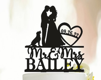 Wedding Cake Topper with Date, Wedding Cake Topper With Heart, Personalized Wedding Topper, Custom Mr & Mrs Cake Topper, Topper with dog 255