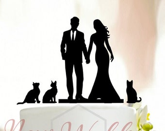 Wedding cake topper with cat,Bride and groom with cats,Cat wedding cake topper,Custom Family Wedding Cake Topper Personalized,Custom CatA124