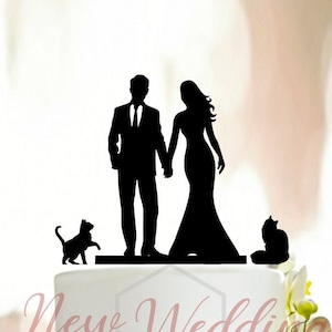 Wedding cake topper with Cat , Silhouette Groom and Bride, Acrylic Cake Topper, Silhouette cake topper with two cats, family cake topperA121
