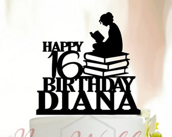 Girl Reading Book Cake Topper,Custom Happy Birthday Cake Topper,Personalized Name Age Cake Topper, Book Cake Topper, Gift for her A137