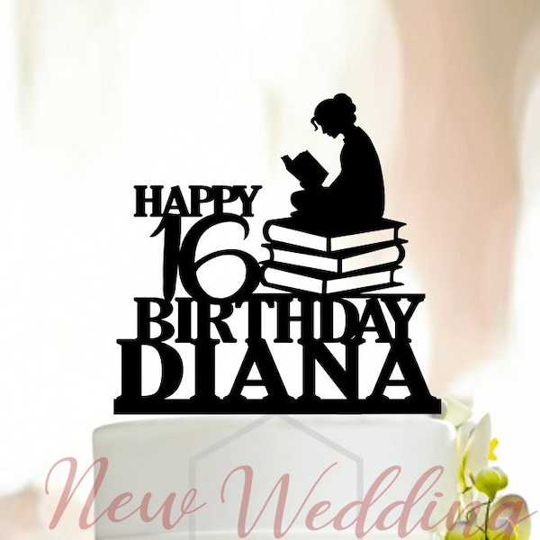 Girl Reading Book Cake Topper,Custom Happy Birthday Cake Topper,Personalized Name Age Cake Topper, Book Cake Topper, Gift for her A137