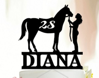 Horse and Girl Cake Topper With Name and Age,Birthday Cake Topper,Custom Cake Topper,Horse Party Decoration,Cowgirl Birthday Cake TopperA120
