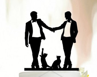 Gay Wedding Cake Topper with cats,Same Sex Cake Topper,Gay Cake Topper,Gay silhouette,Homosexual Wedding,Cake Topper For Men, Cats,Gift A132