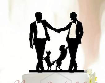 Gay Wedding Cake Topper with dogs,Same Sex Cake Topper,Gay Cake Topper,Gay silhouette,Homosexual Wedding,Cake Topper For Men, dogs,Gift A131