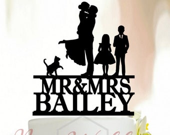 Family wedding cake topper,Cake topper with cat,Cake topper with dogs,Wedding cake topper with kids,Cake topper two girls,Boy and girl A161