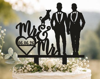 Gay Cake Topper mit Hunden, Gay Tortendeko für Hochzeit, Cake Topper Silhouette, Hochzeitstorte Topper mit Datum