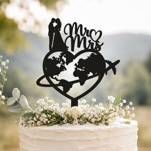 Travel Wedding Cake Topper, Mr and Mrs Planet Couple Silhouette Decoration, Airplane Map Cake Toppers