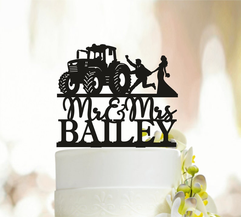 Tractor Wedding Cake Topper, Farmer Wedding Cake Topper, Bride dragging groom farming cake topper, Country Wedding Cake Topper, Tractor A281 image 1