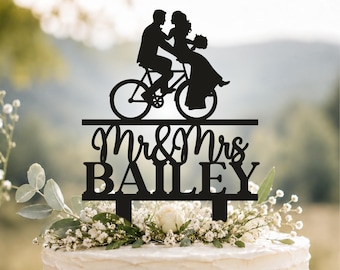 Bicycle Wedding Cake Topper, Cyclist groom Kissing bride Toppers for wedding, Couple Bike Silhouette