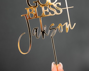 God Bless Cake Topper, Custom Baptism Name Cake Topper, Cross Cake Topper, Holy Communion Topper, Christening Confirmation Decoration Topper