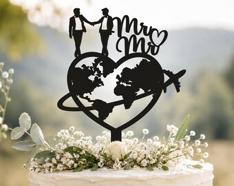 Gay Wedding Travel Cake Topper, Name Gay cake topper for wedding, MR and MR Cake Topper, silhouette wedding cake topper, Topper with name