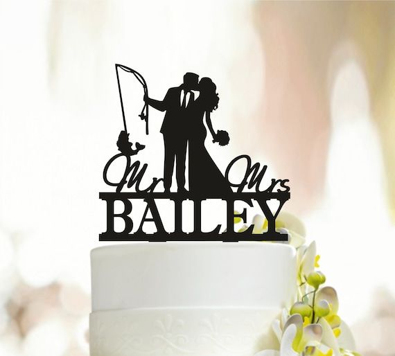 Mr and Mrs Cake Topper Fisher Cake Topper Personalized Wedding Cake Topper Custom Cake Topper Bride Pulling Groom the Fisherman is Over