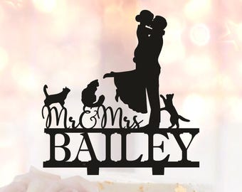 Custom Bride Groom Cat Wedding Cake Topper, Mr  Mrs with Three cats Silhouette Anniversary Party Decoration