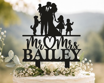 Family Wedding Cake Topper with children, Family boy and girl toppers for wedding, Couple with baby