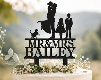 Couple with Kids and Cat Silhouette cake topper, Family wedding cake toppers, two girls, Boy and girl