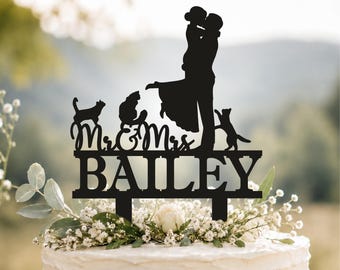 Custom Bride Groom Cat Wedding Cake Topper, Mr  Mrs with Three cats Silhouette Anniversary Party Decoration